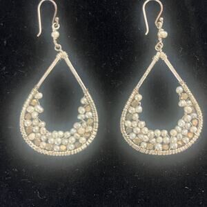Vintage Handcrafted White Pearl & Gold Beaded Dangle Teardrop Hoop Earrings